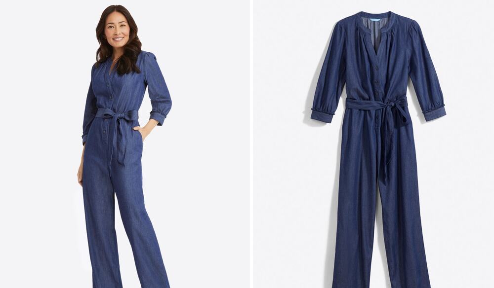 DRAPER JAMES Tie Waist Jumpsuit in Chambray Dark Wash Blue Wide Leg 3/4 Sleeve L
